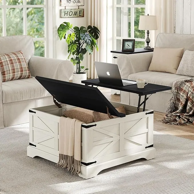 Farmhouse Lift Top Coffee Table, Square Wood Center Table with Large Hidden Storage Compartment for Living Room, Rustic Cocktail White Modern Table with Hinged Lift Top, Brown Top