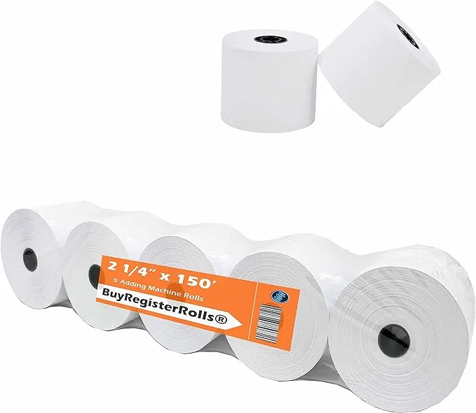 (Pack of 5 Rolls) 2 1/4 x 150 ft, White, adding machine tape Paper Rolls, 50 ...