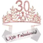 DORADREAMDEKO Glittering 30th Birthday Sash & Rhinestone Tiara Set - Premium Metal Tiara & Fabulous Sash for Women s 30th Birthday Party Gifts.