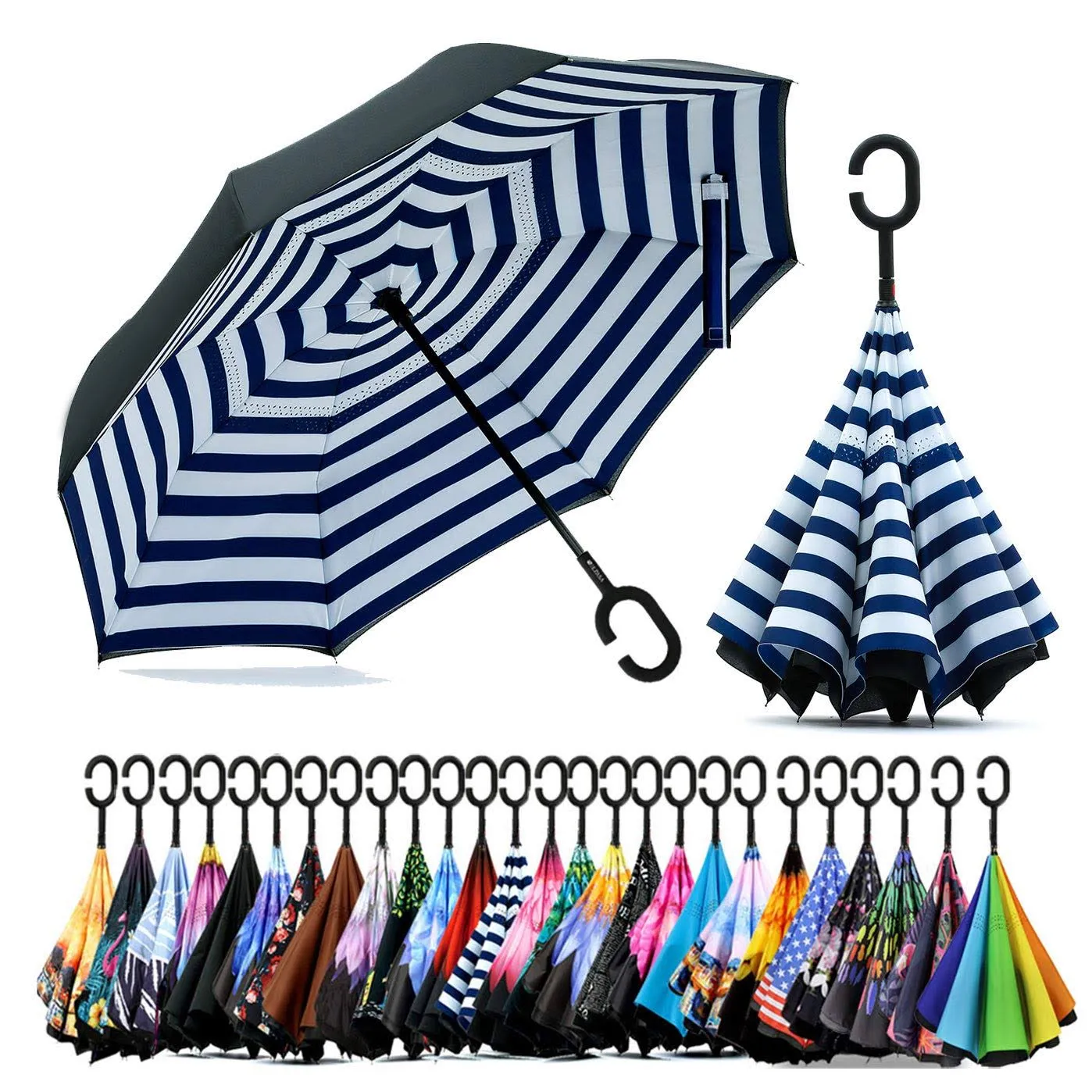 SIEPASA 49/56 Inch Inverted Reverse Upside Down Umbrella, Extra Large Double Canopy Vented Windproof Waterproof Stick Golf Umbrellas with C-shape Handle.