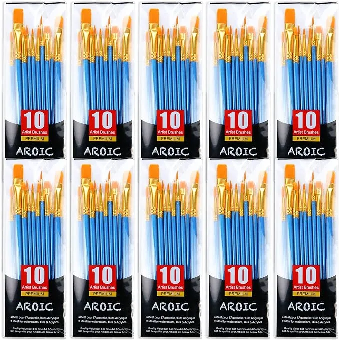 AROIC Painting Brushes Set, 10 Packs /100 Pieces, Nylon Brush Head, Suitable for Oil and Watercolor, Perfect Suit of Art Painting, Best Gift for