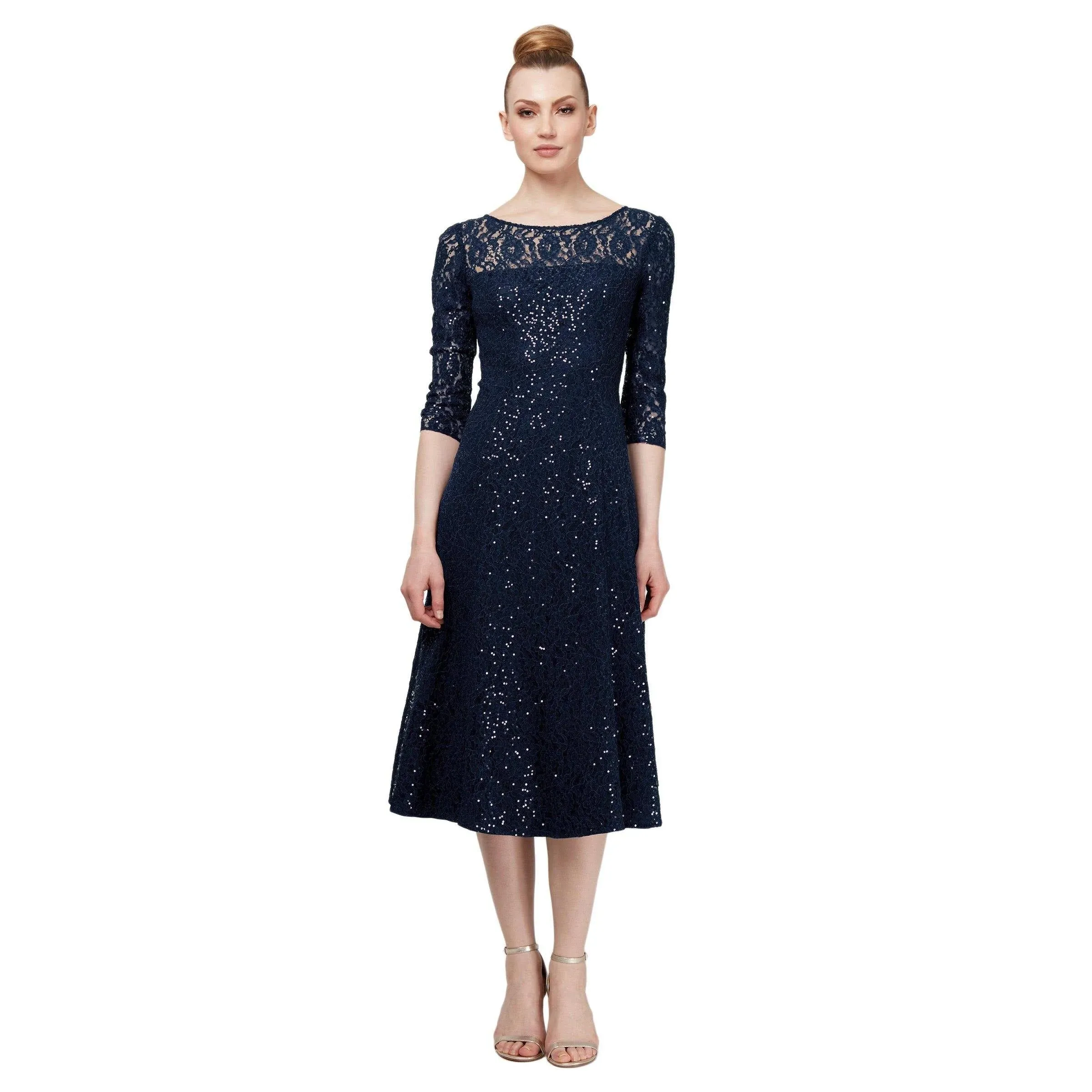 SL Fashions 3/4-Sleeve Sequin Lace Dress - Navy