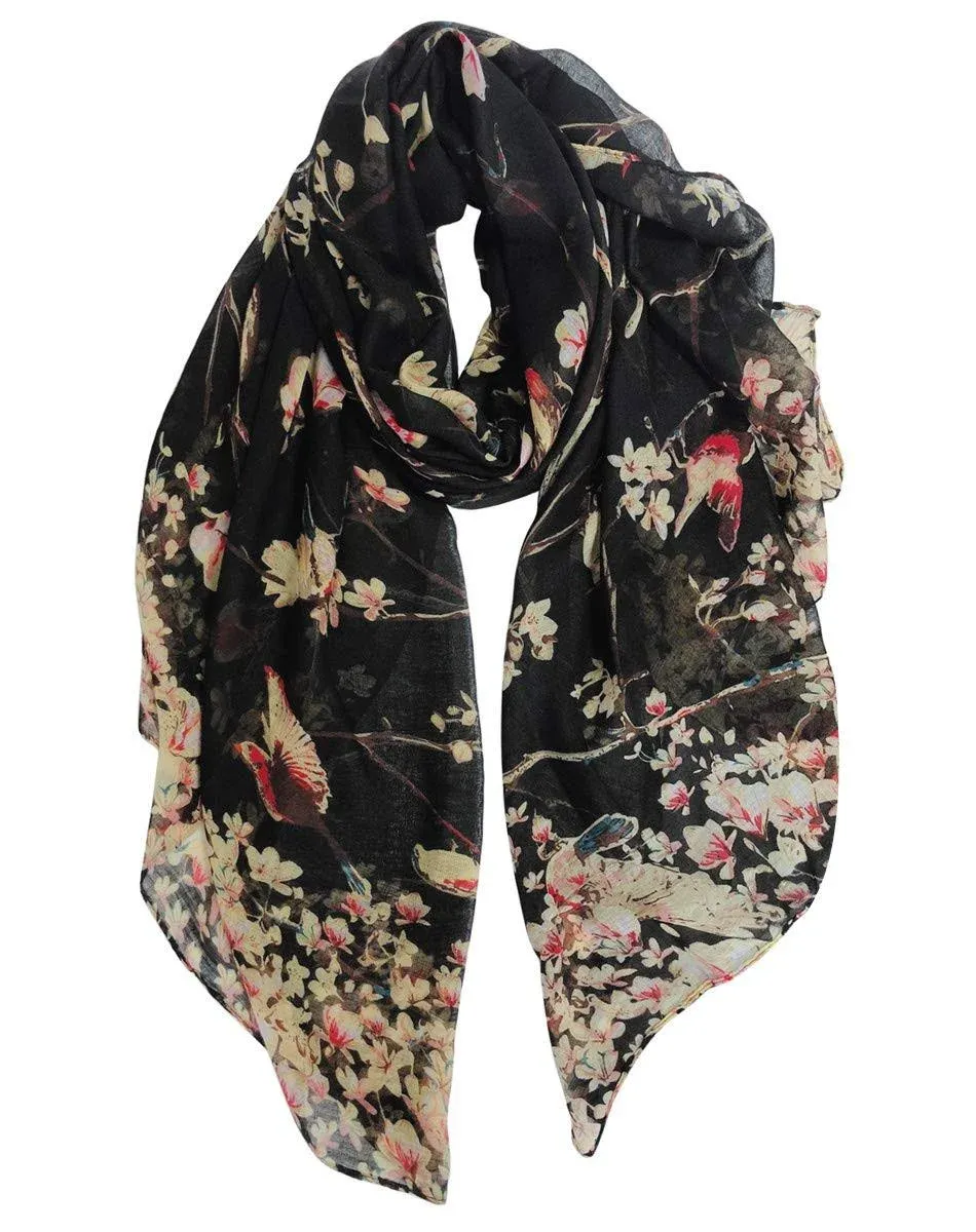 GERINLY - Lightweight Floral Birds Print Shawl Scarf for Christmas Season Black