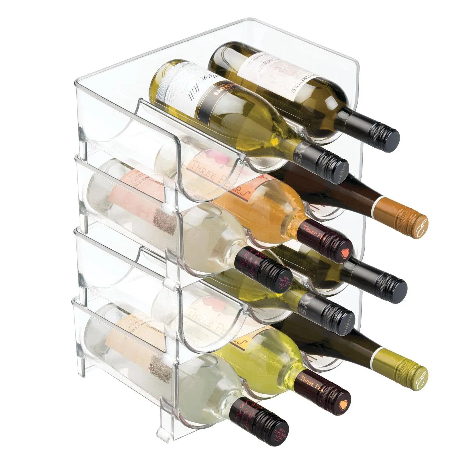 mDesign Stackable Plastic 3 Bottle Refrigerator Wine Rack - Kitchen Storage Organizer for Champagne, Wine or Water Bottles - Stacking Wine Organizer for Fridge - Ligne Collection - 2 Pack - Clear