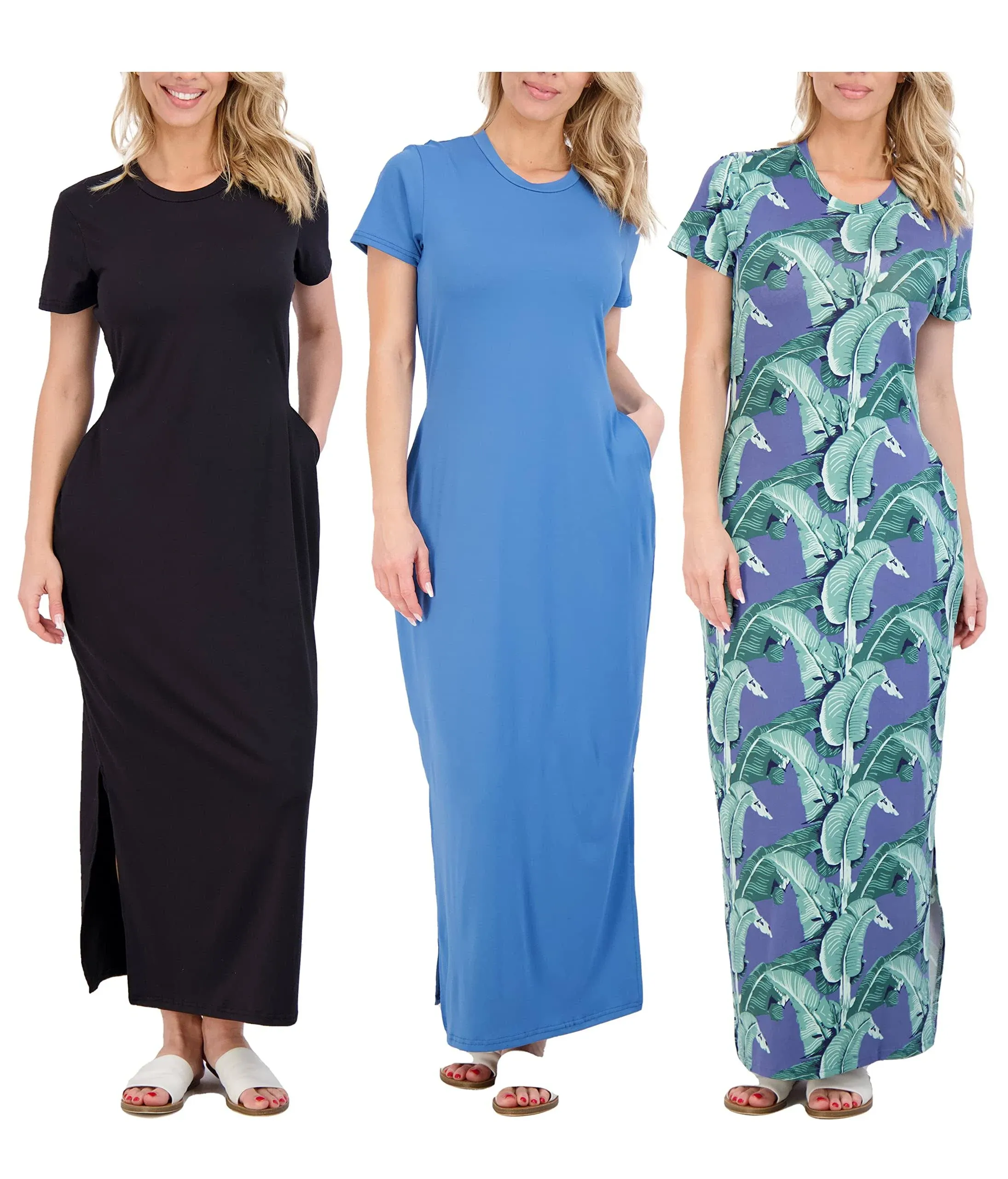 3-Pack: Women’s Casual Short Sleeve Maxi T-Shirt Dress – Summer Dress with Slit & Pockets (Available in Plus Size)