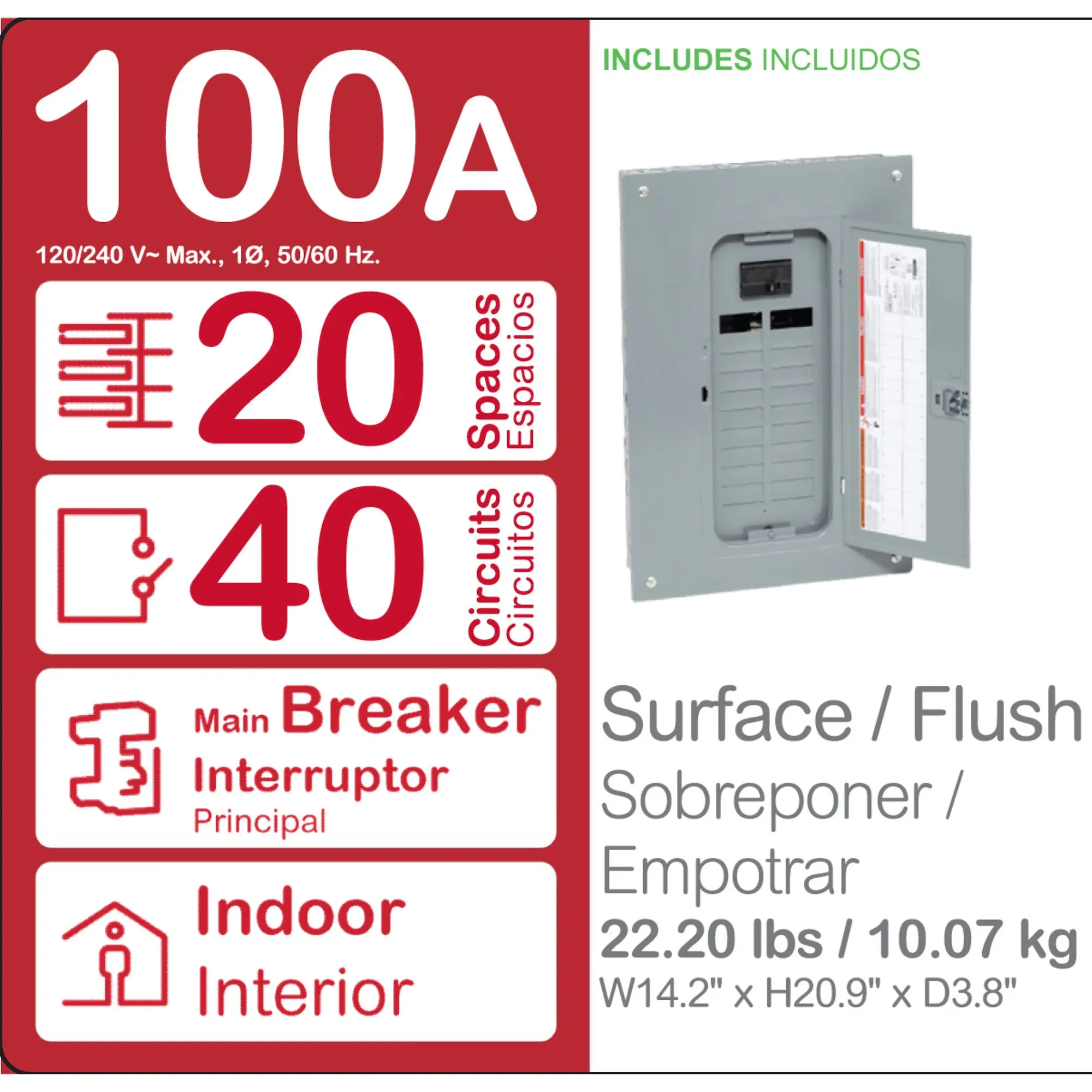 Square D HomeLine 100 amps 120/240 volt 20 space 40 circuits Combination Mount Main Breaker Load Center