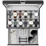 SONGMICS Lockable Watch Box with Glass Lid Black + Black / 12 Slot