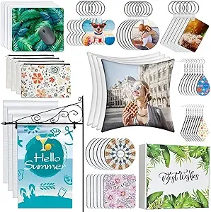 114Pcs Sublimation Blanks Products, Sublimation Blanks Set Including DIY Blank Makeup Bag, Keychain, Earring, Pillow Cover, Mouse Pad, Coaster, Garden Flag for Sublimation Transfer Christmas Craft