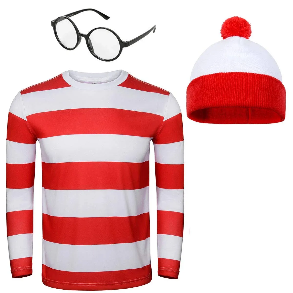 Adult Men Red and White Striped Tee Shirt Glasses Hat Outfit Suit Set Halloween Cosplay Costume Party Props