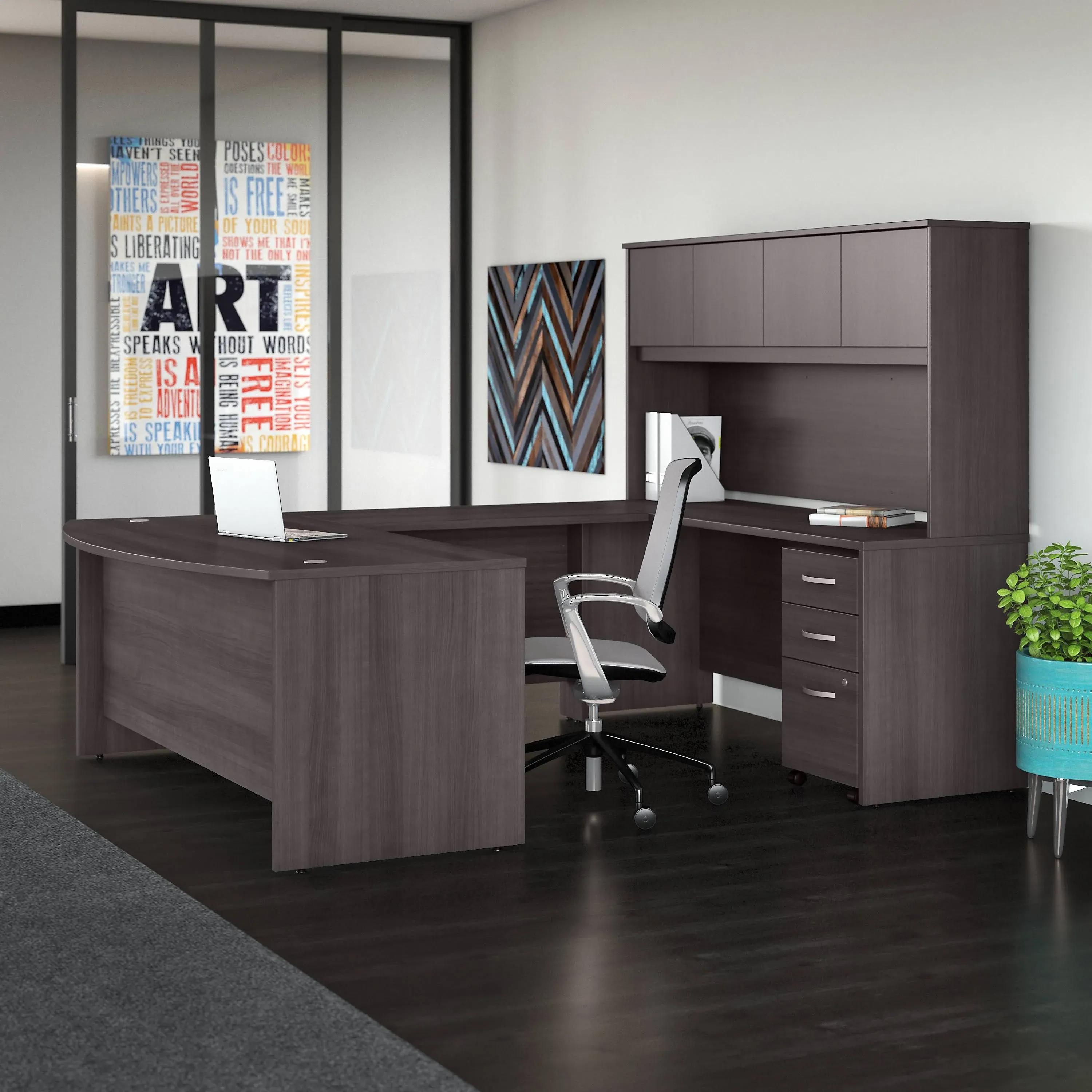 Bush Business Furniture Studio C Bow Front U-Shaped Desk with Hutch 72" Storm Gray - STC003SGSU