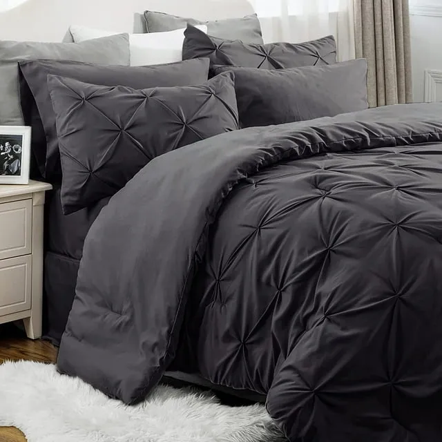 Bedsure Black King Size Comforter Set - Bedding Set King 7 Pieces, Pintuck Bed in A Bag Black Bed Set with Comforter, Sheets, Pillowcases & Shams