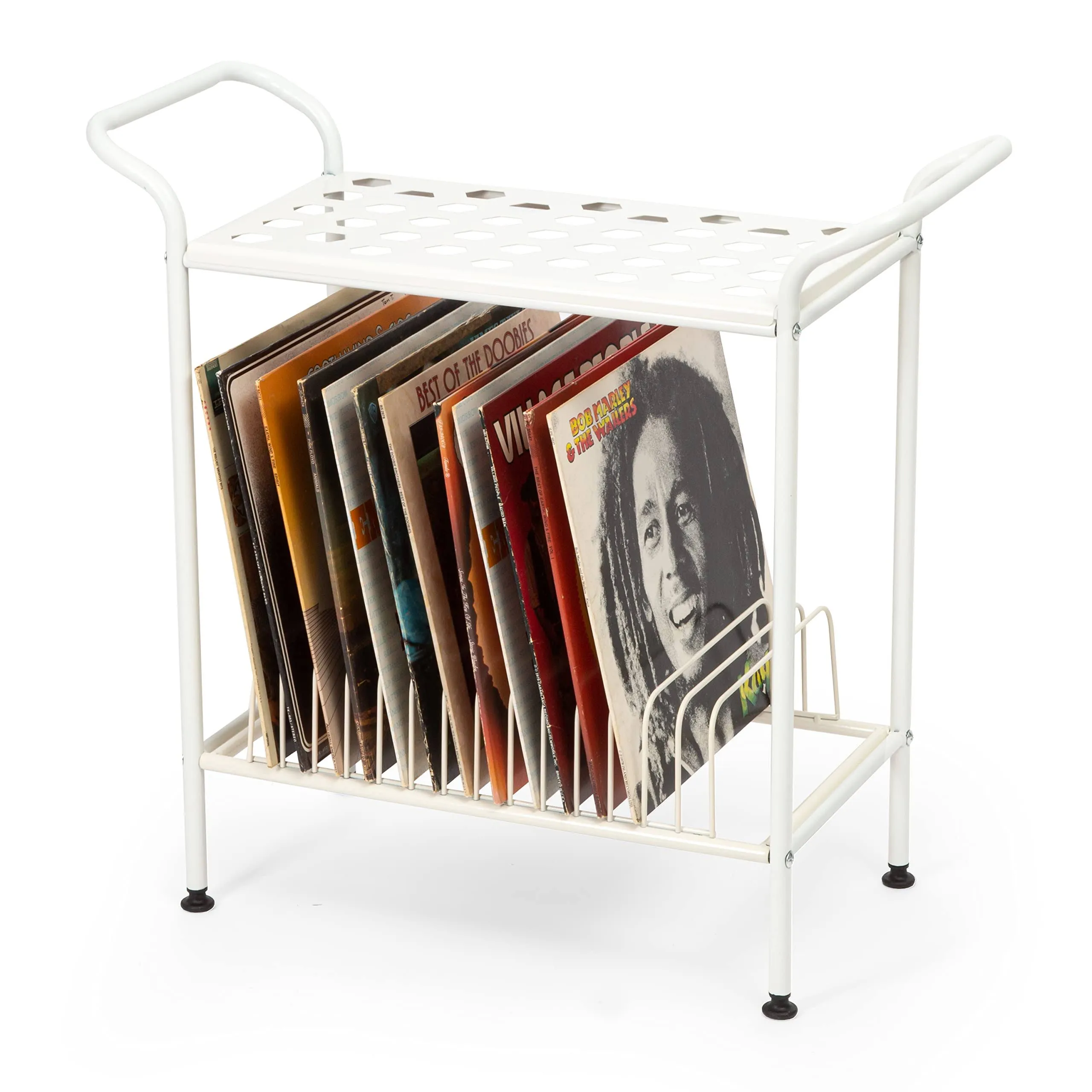 Ilyapa 2-Tier White Metal Record Player Stand with 14 Slot Vinyl Record Holder