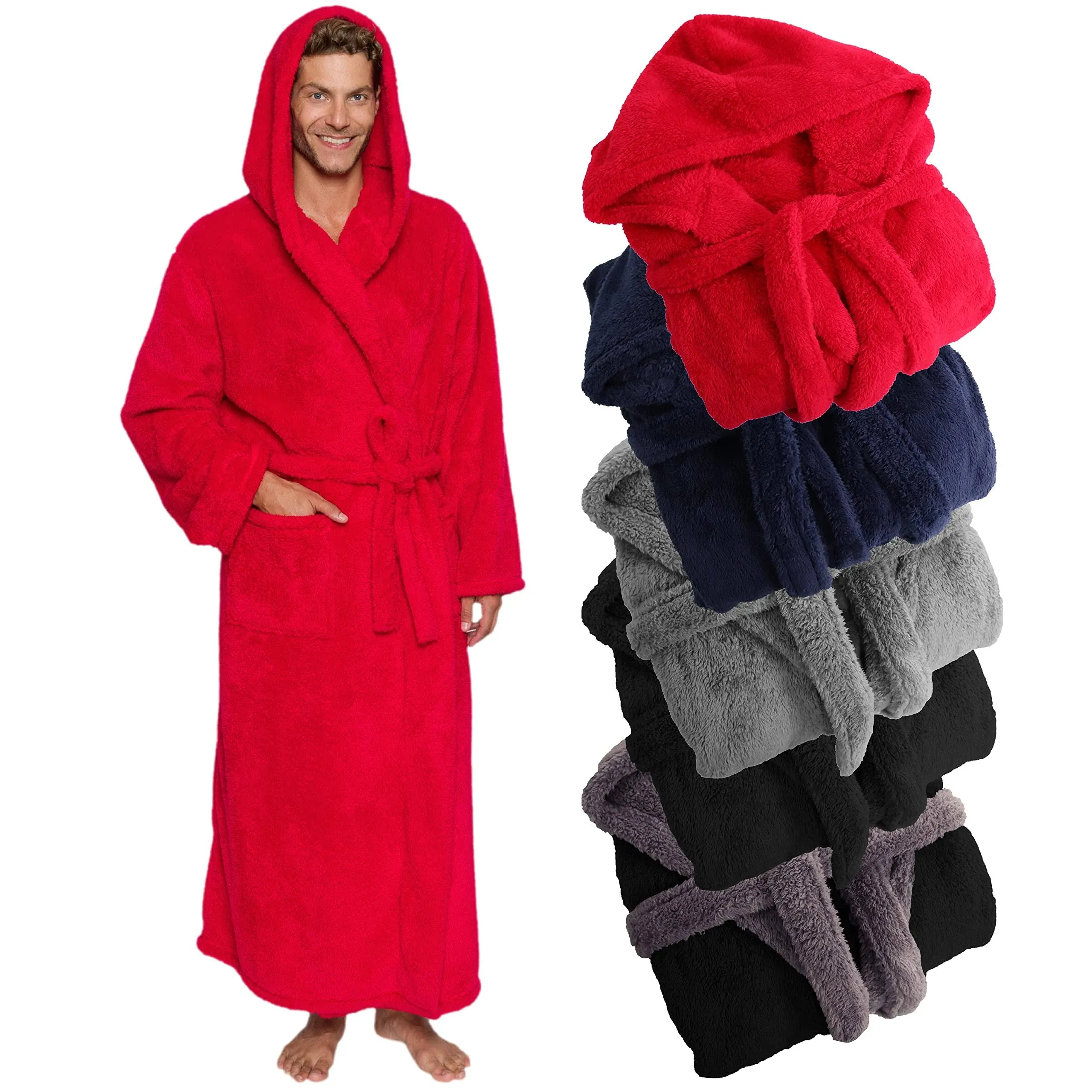 Ross Michaels Mens Luxury Robe Hooded Big and Tall - Long Plush Fleece Bath Robe with Hood and Pockets- Gift Men and Teens