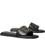 Tory Burch Women's Double T Leather Slides - Black - Flat Sandals - 9