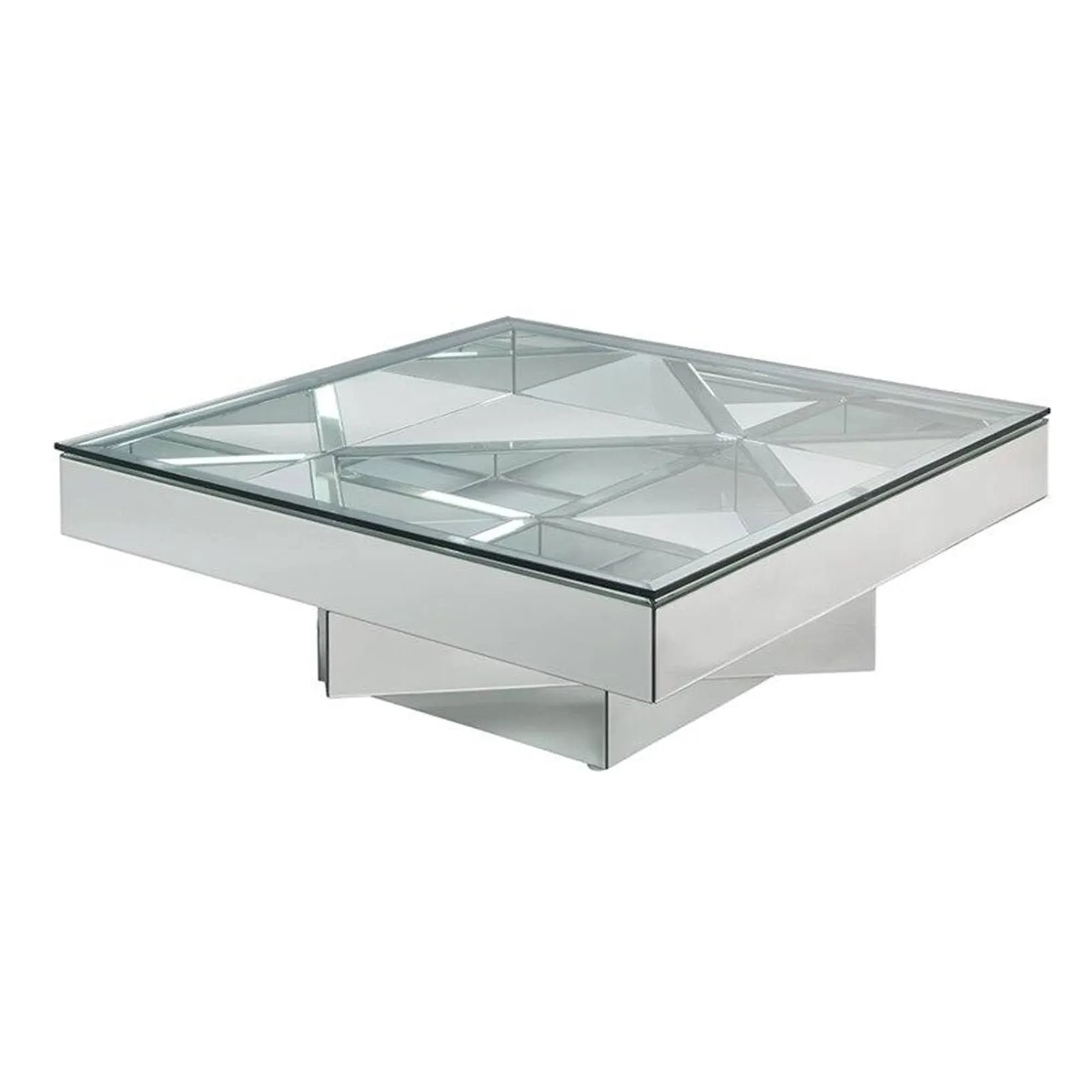 Benjara Benzara Glass and Wood Coffee Table with Pedestal Base, Silver