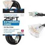 25 Ft Oil Resistant Extension Cord for Farms and Ranches, Lighted-3 Power Outlet