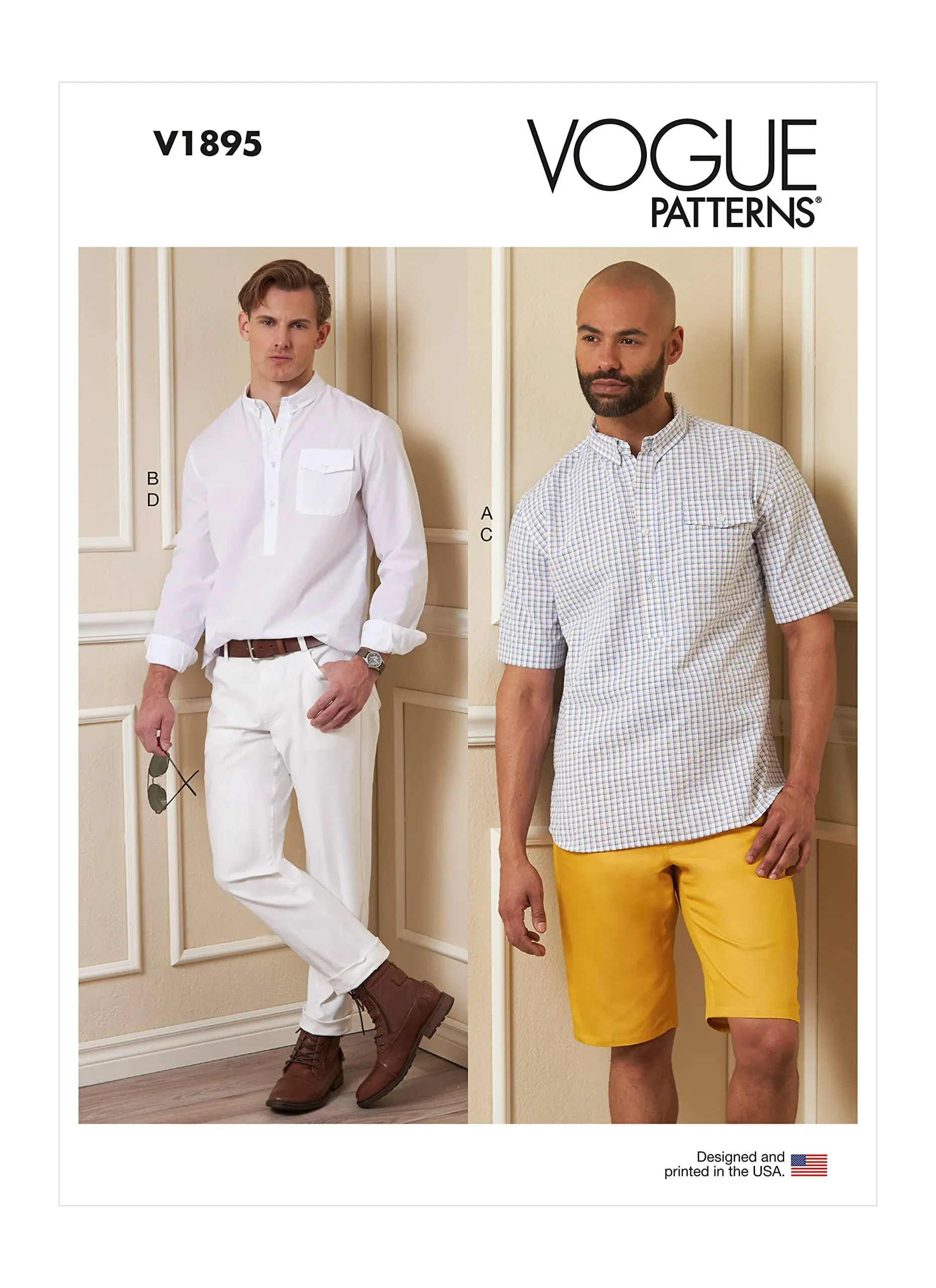 Vogue Men's Fitted Shirt, Shorts, and Mid-Rise Jeans Sewing Pattern Kit, Design Code V1895, Sizes 40-42-44-46