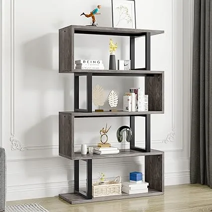 YITAHOME 5-Tier Bookshelf, S-Shaped Z-Shelf Bookshelves and Bookcase, Modern Freestanding Multifunctional Decorative Storage Shelving for Living Room Home Office, Black