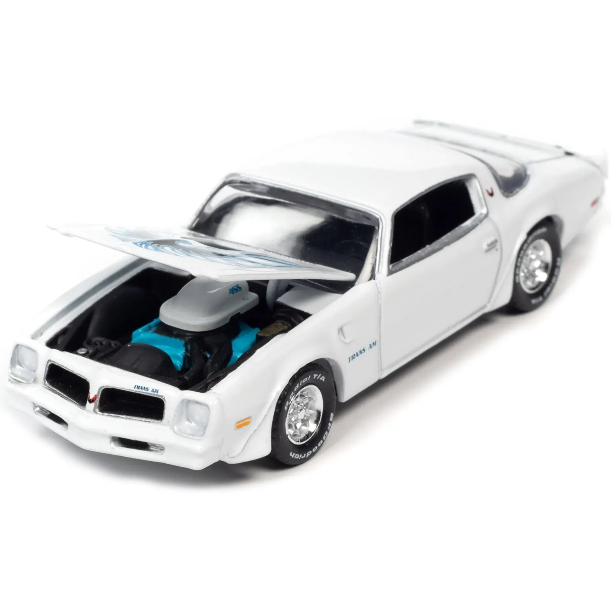 1976 Pontiac Firebird Trans Am Cameo White w/Blue & Black Bird Hood Graphic Vintage Muscle Ltd Ed 1/64 Diecast Model Car by Auto World 64362-AWSP104 B