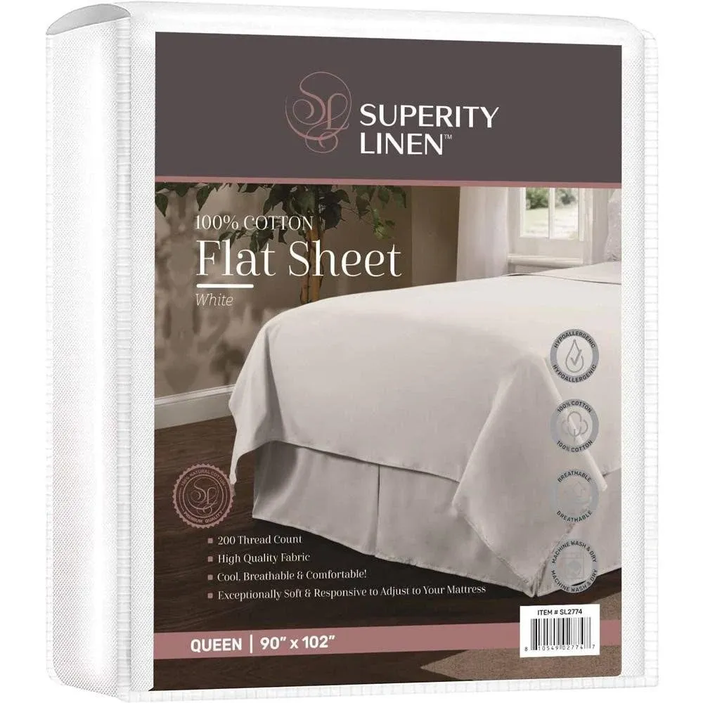 Superity Linen Cotton Flat Sheet White - Queen