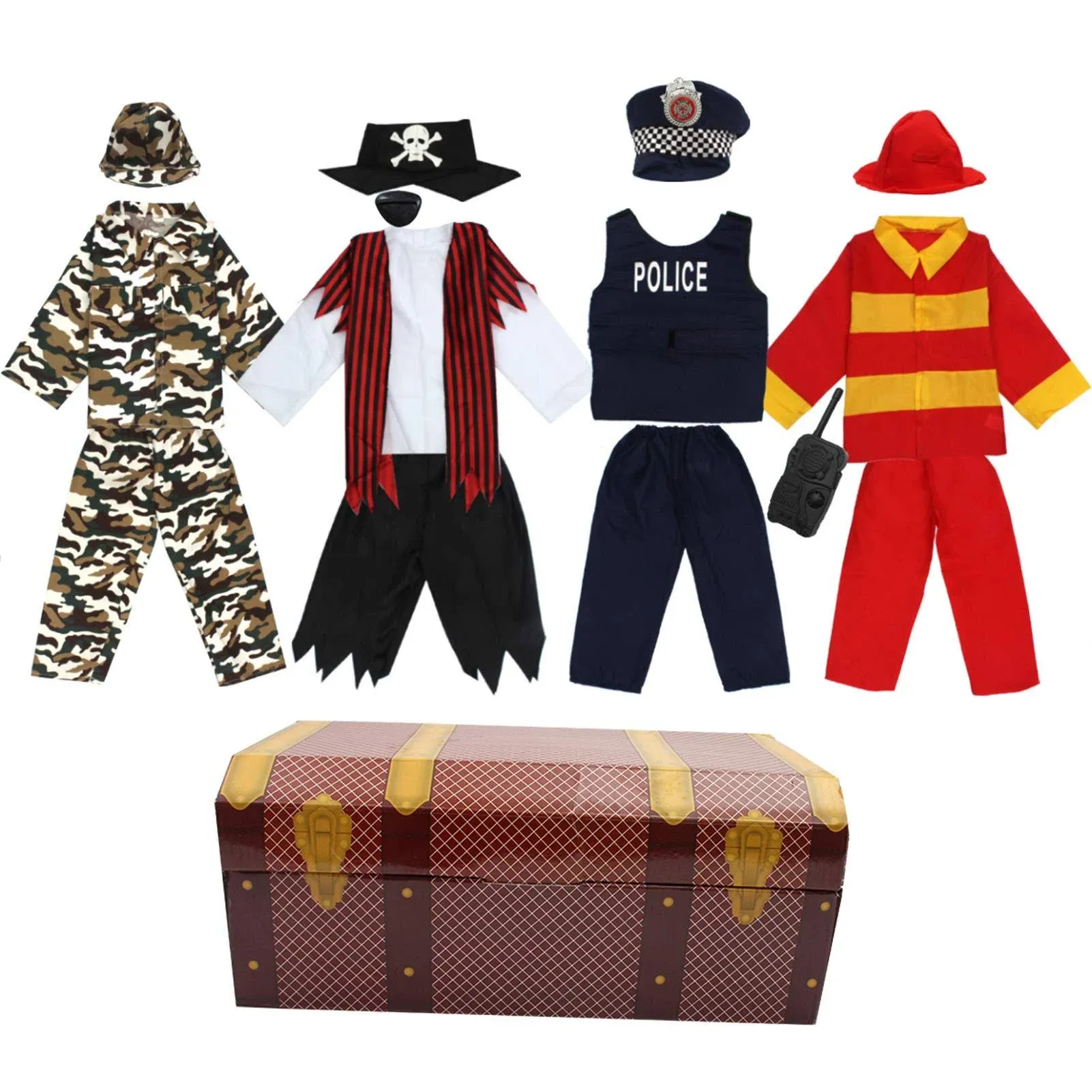 Boys Dress up Trunk 15Pcs Role Play Costume Set-Pirate,Policeman,Soldier,Firefighter Costume for Kids Age 3-6yrs