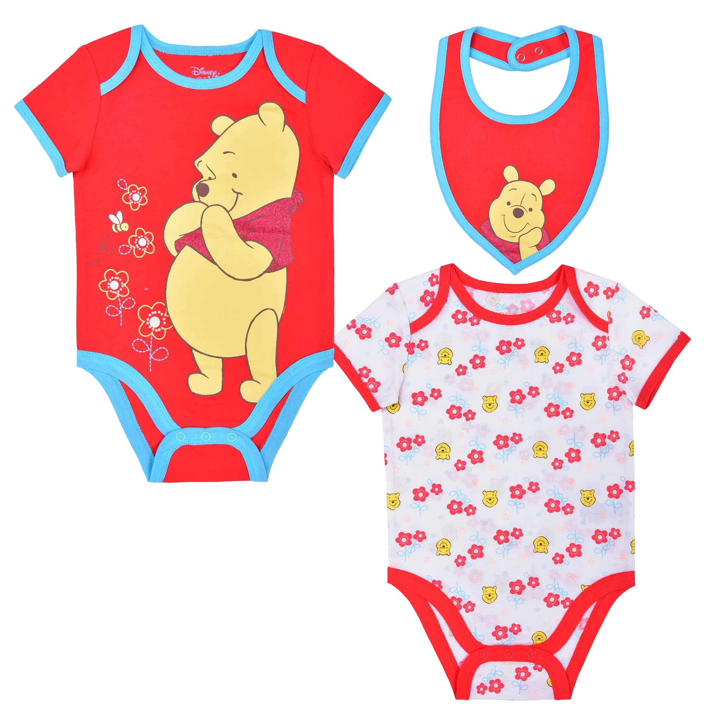 Disney Baby Girl's Minnie, Pooh or Cinderella 2-Pack Bodysuit with Bib