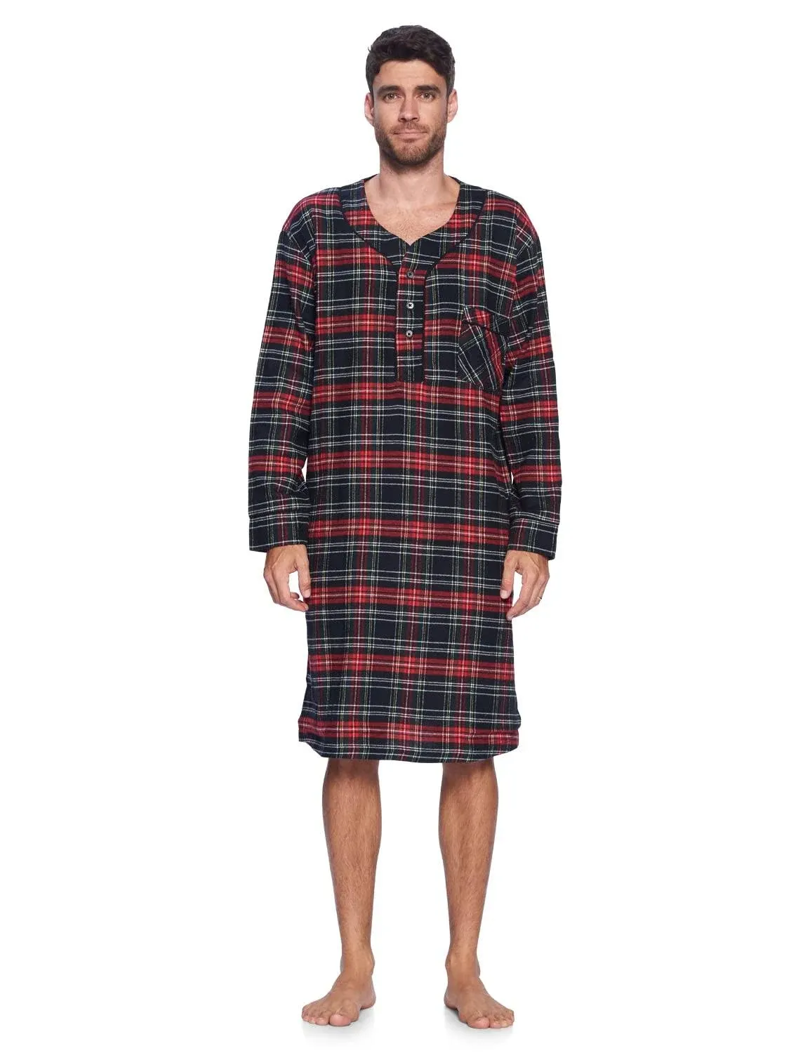 Ashford & Brooks Mens Flannel Plaid Long Sleep Shirt Henley Nightshirt