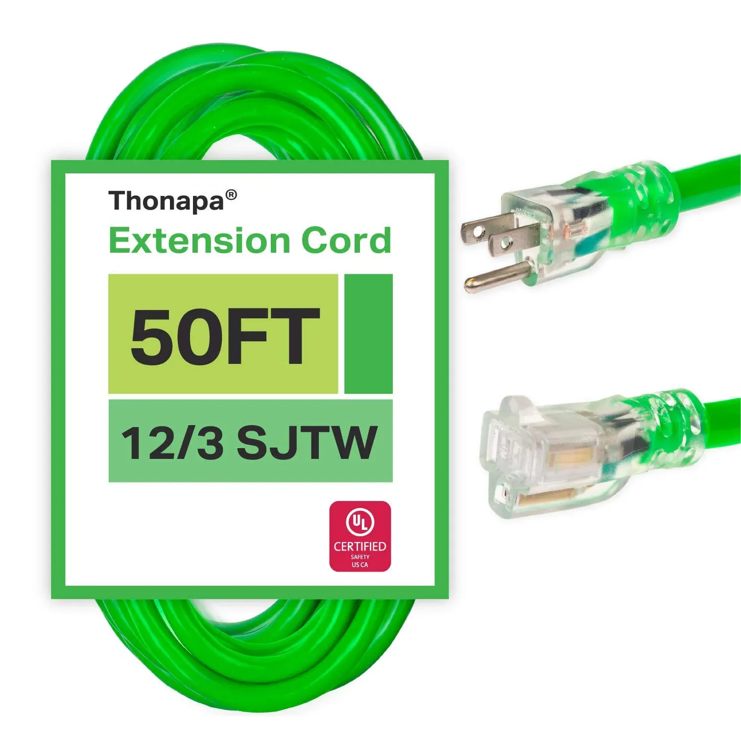 50 Foot Outdoor Extension Cord - 12/3 Heavy Duty Neon Green Extension Cable with 3 Prong Grounded Plug for Safety - Great for Garden and Major Appliances