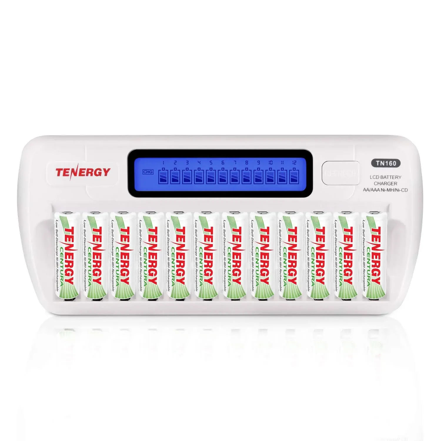 Tenergy 12 Pack Centura AA Rechargeable Batteries and TN160 12-Bay Smart Battery Charger, 12 Pack AA Low Self-Discharge Batteries and Charger for Remote Controllers, Toys, and More