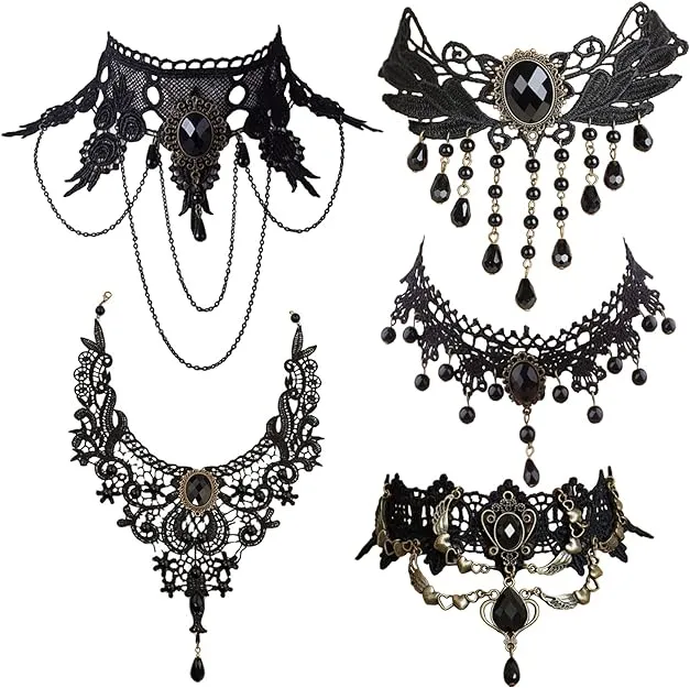 5 Pieces/Set Halloween Sexy Jewelry Women Lady Girl Elegant Goth Gothic Steampunk Lace Choker Necklace Black Neck Chain Collar Statement with pendant Victorian Wedding Party Cosplay