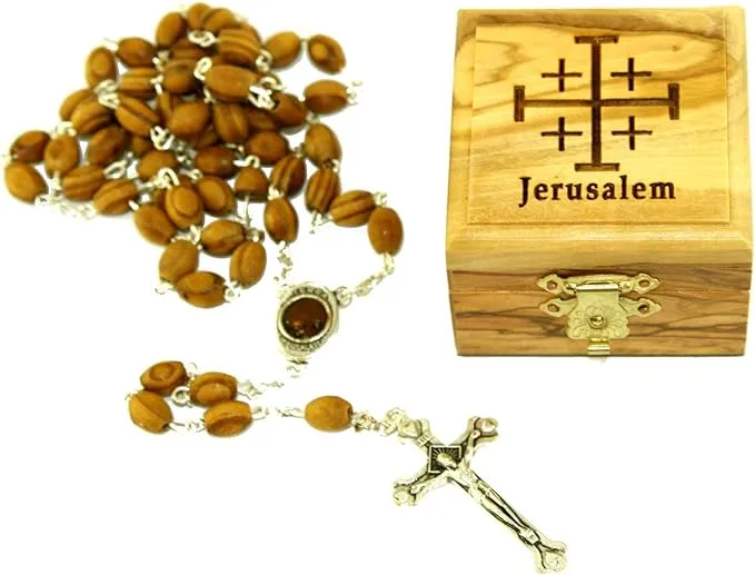 First Communion Rosary and Box from Bethlehem Olive wood (Jerusalem Cross - Laser) with Rosary