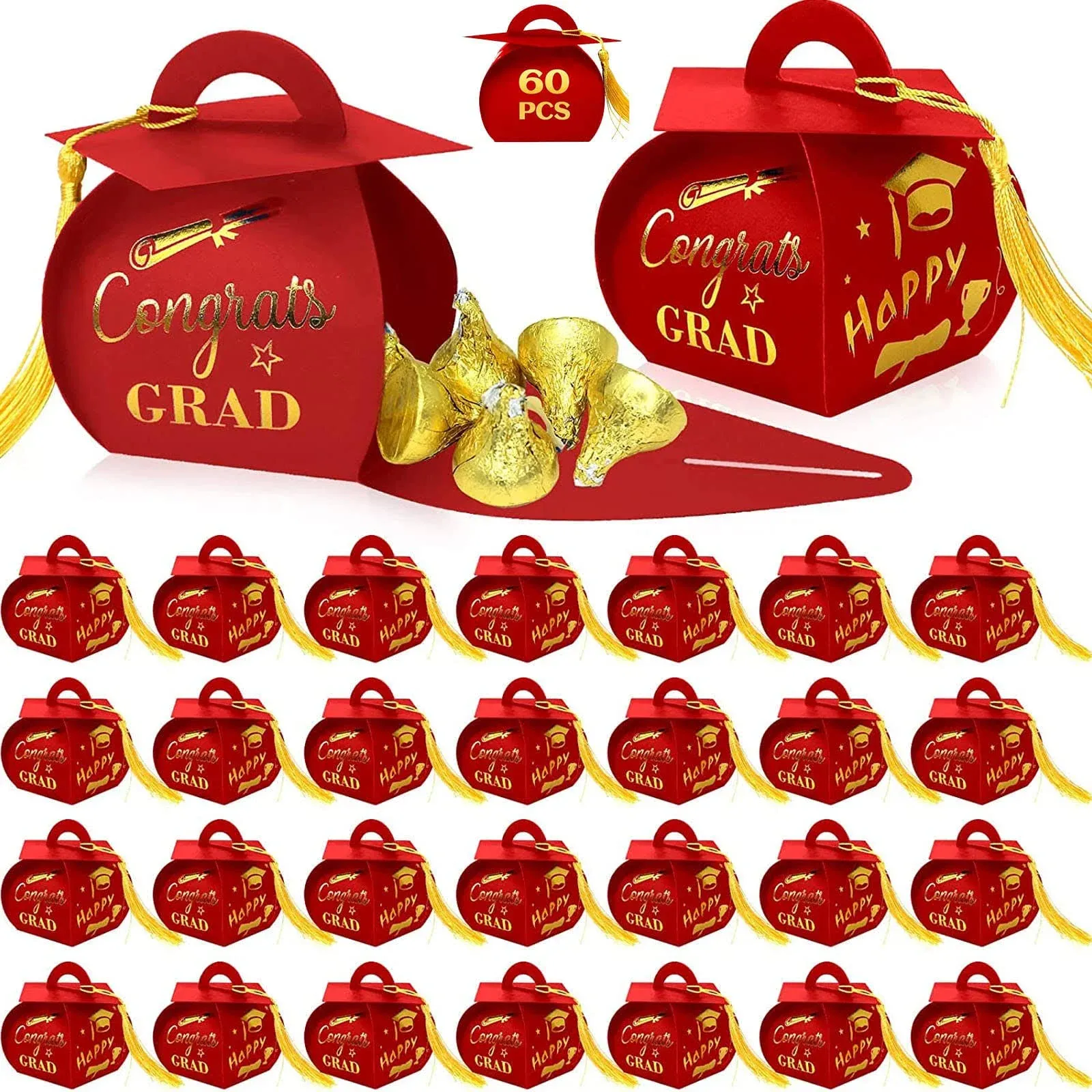 ZMCINER 60 PCS Graduation Cap Candy Box Graduation Cap Gift Boxes with Tassel for Grad Party Favors (Red, Gold)