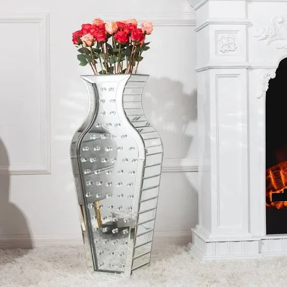 Tall Cylinder Floor Mirror Vase, 28 inch Decorative Large Vases Flower Silver Modern Vases for Living Room