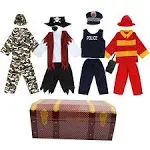 Toiijoy Boys Dress Up Trunk 15pcs Role Play Costume Set-Pirate,Policeman,Soldier,Firefighter Costume for Kids Age 3-6yrs