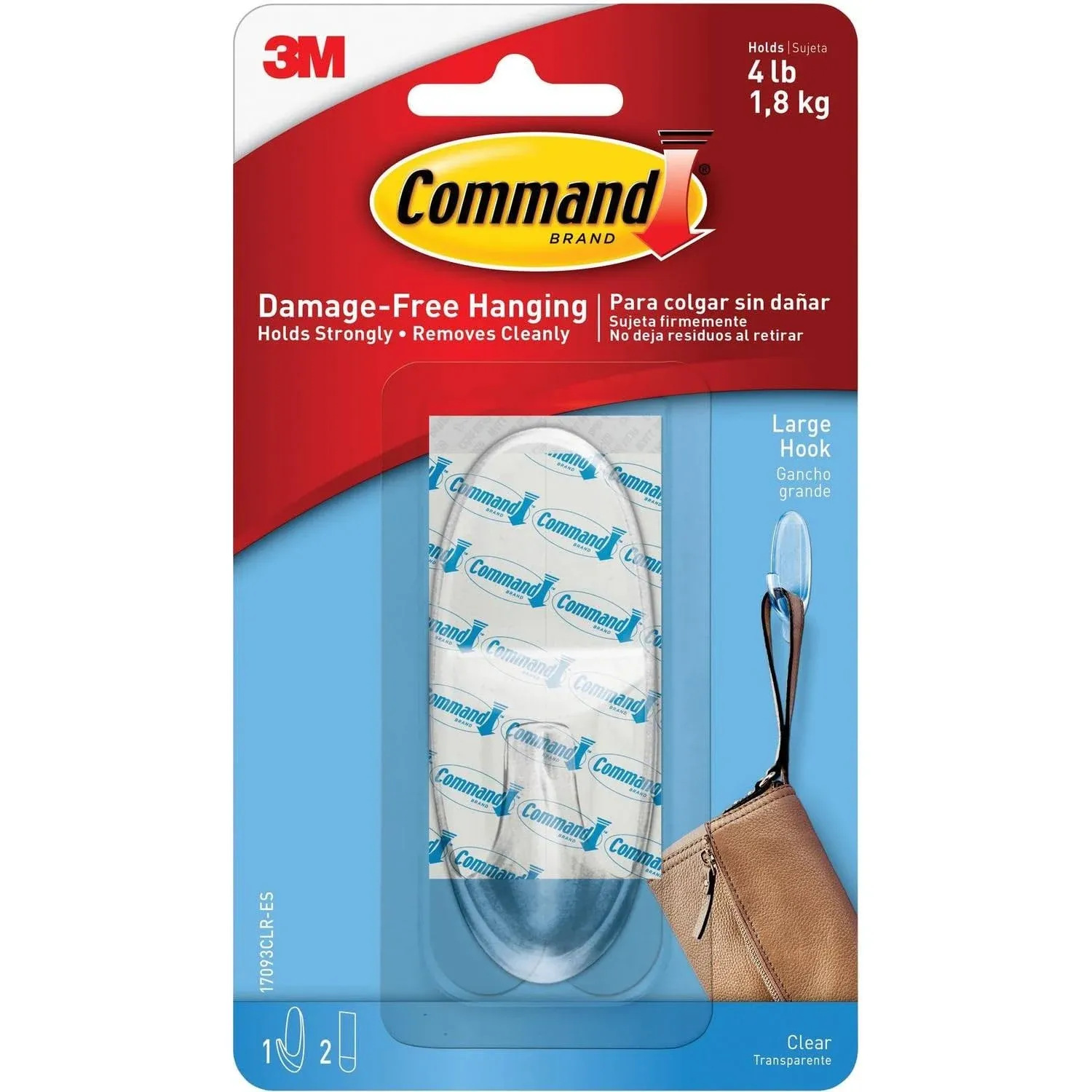 3M Command 17093CLRES Adhesive Hanging Hook, Large, Holds 4lbs., Clear