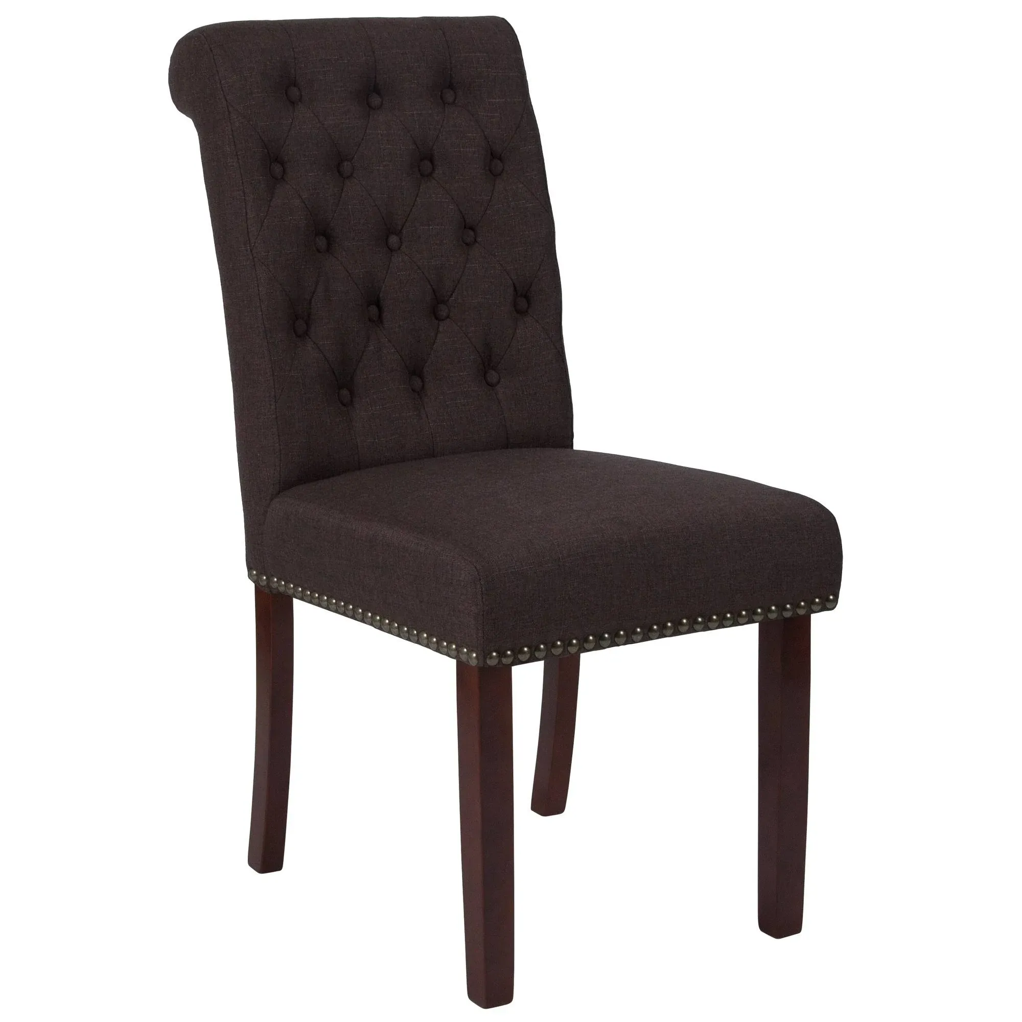 Hercules Series Parsons Chair with Rolled Back Accent Nail Trim Brown Fabric