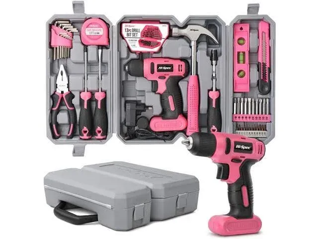 58pc Pink 8V USB Electric Drill Driver &amp; Household Tool Kit With Variable Speed