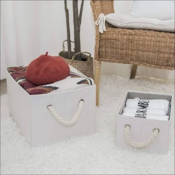 StorageWorks 3-Pack Foldable Storage Bins with Cotton Rope Handles Ivory