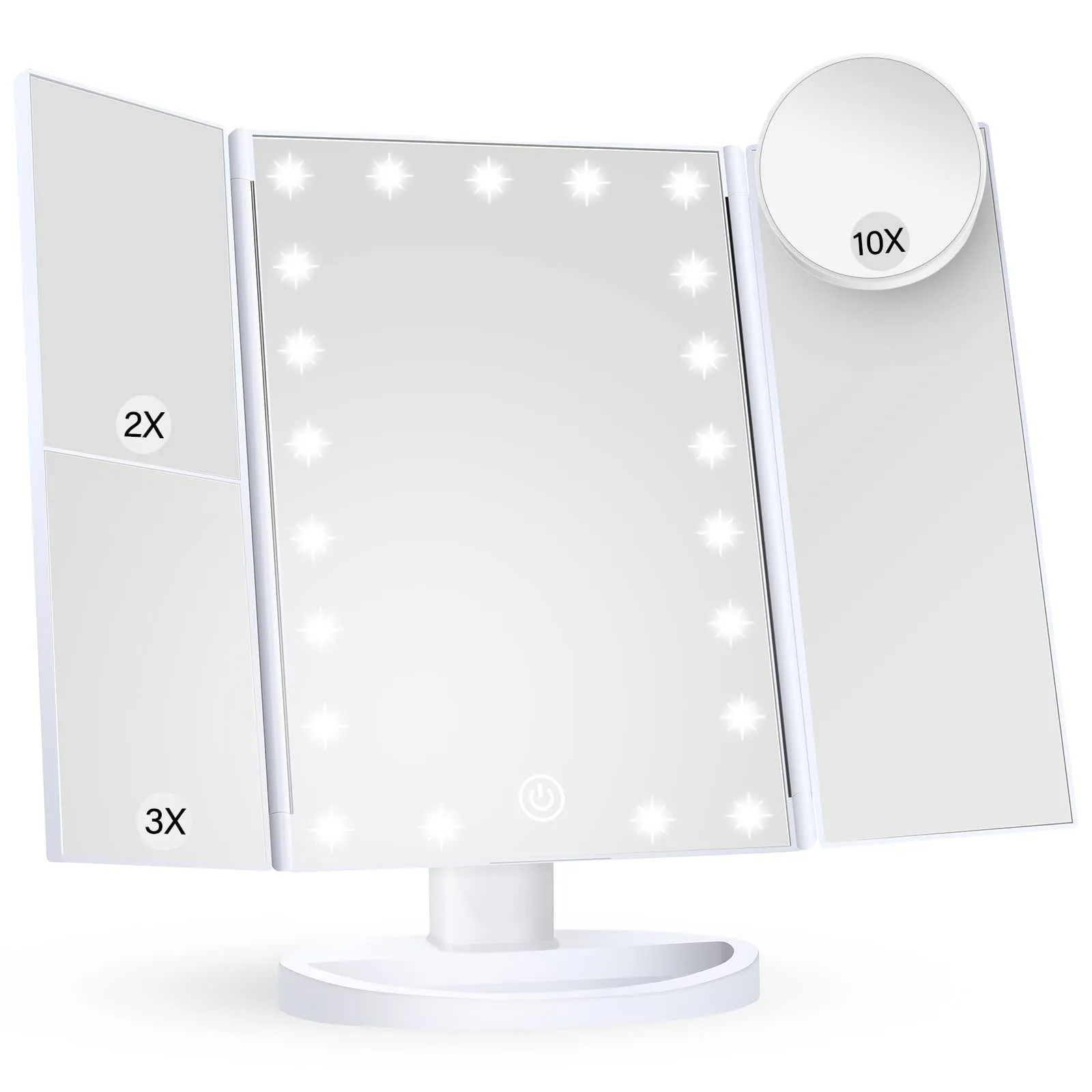 HUONUL Makeup Mirror Vanity Mirror with Lights, 2x 3X 10x Magnification, Lighted Makeup Mirror, Touch Control, Trifold Makeup Mirror, Dual Power