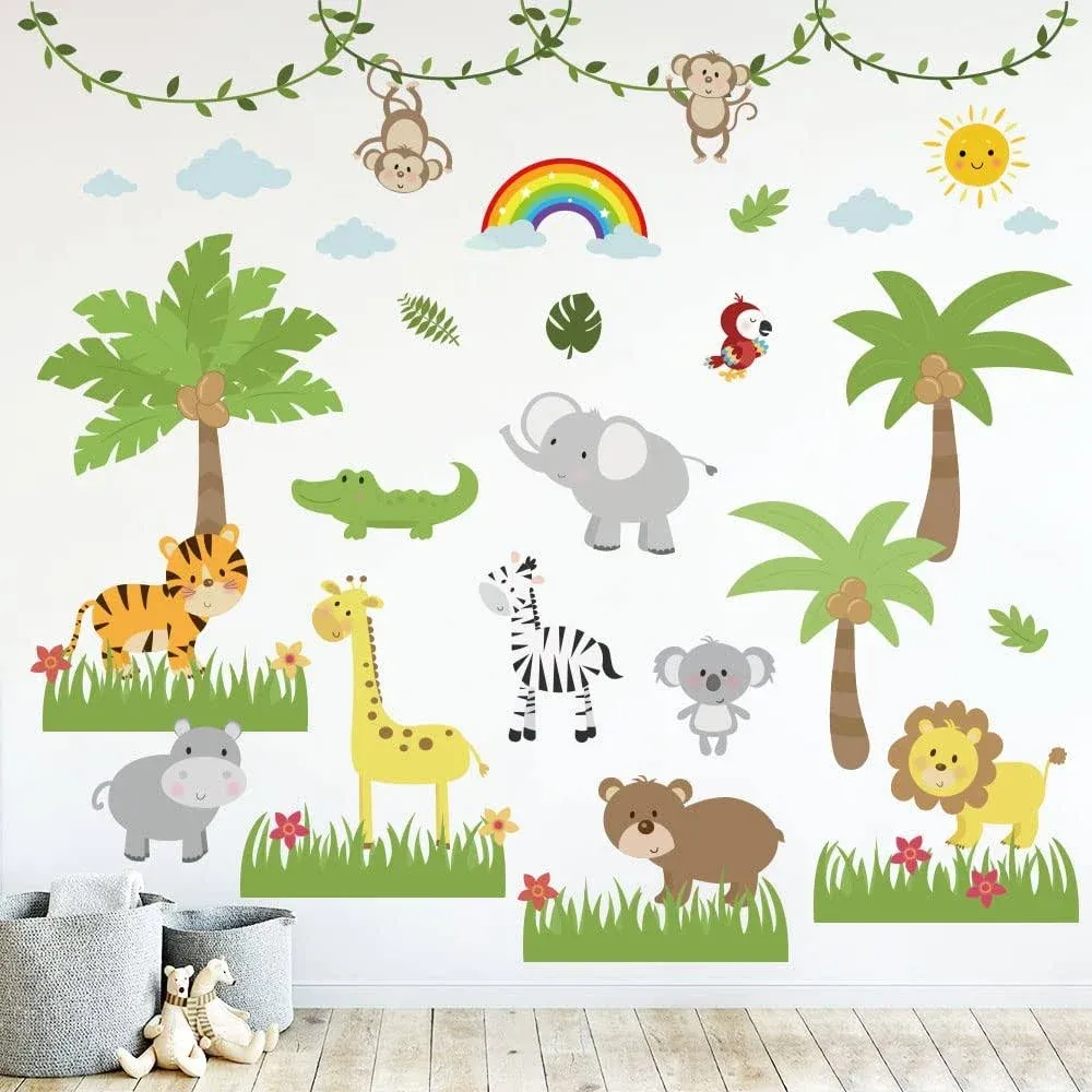 Supzone Jungle Animals Wall Sticker Tropical Animal Wall Decal Coconut Tree ...