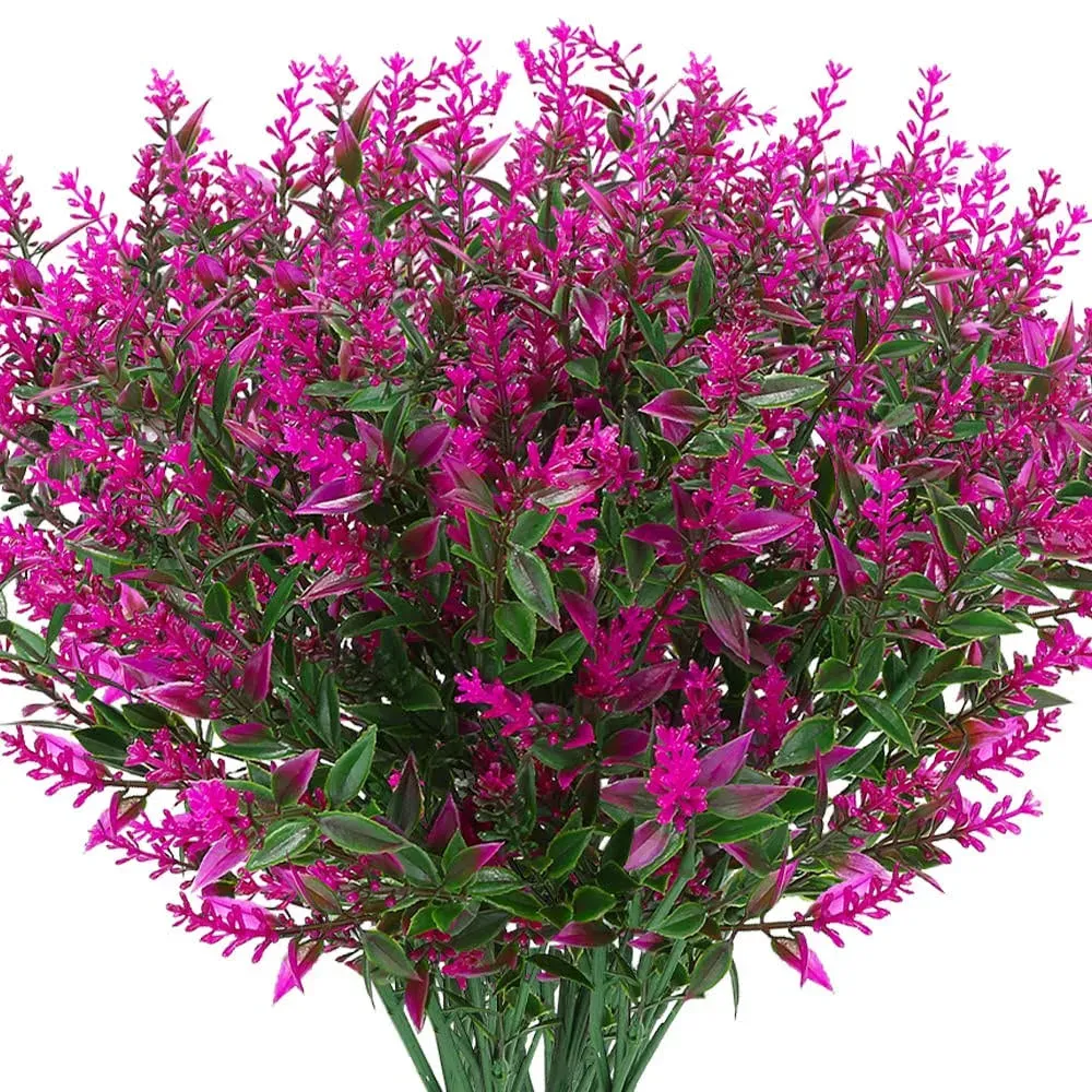 Artificial Lavender Flowers Plants 8 Pieces, Lifelike UV Resistant Fake Shrubs Greenery Bushes Bouquet to Brighten up Your Home Kitchen Garden Indoor Outdoor Decor(Fuchsia)