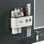 TuCao Double Automatic Toothpaste Dispensers Squeezer Kit with Toothbrush Holder Wall Mounted, Large Storage Organizer with 6 Toothbrush Slots, 2 Mag