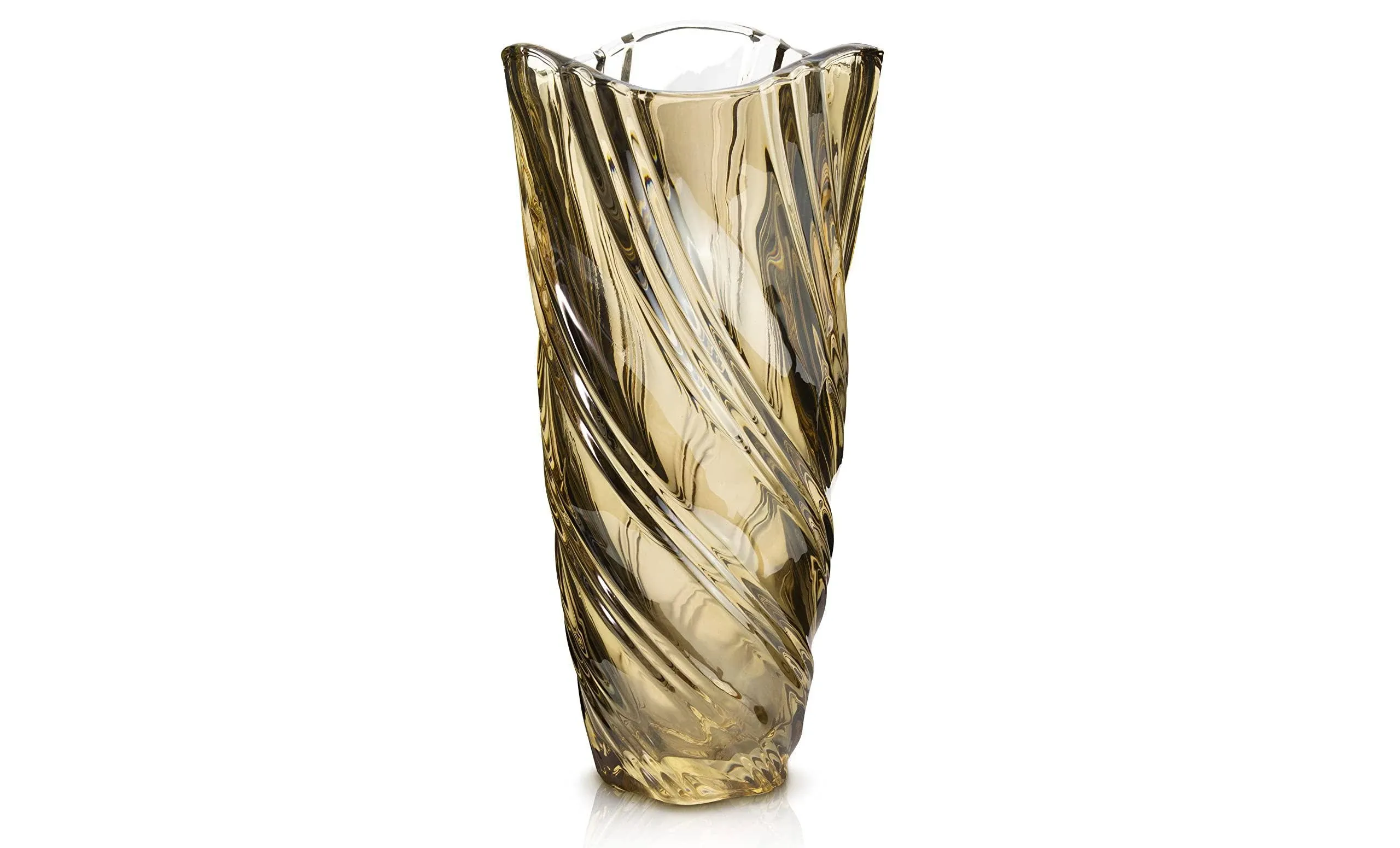 Large Glass Flower Vase with Spiral Design Thick Crystal for Home Decor, Ambar Color with High Reflecting Finish, 11.5”