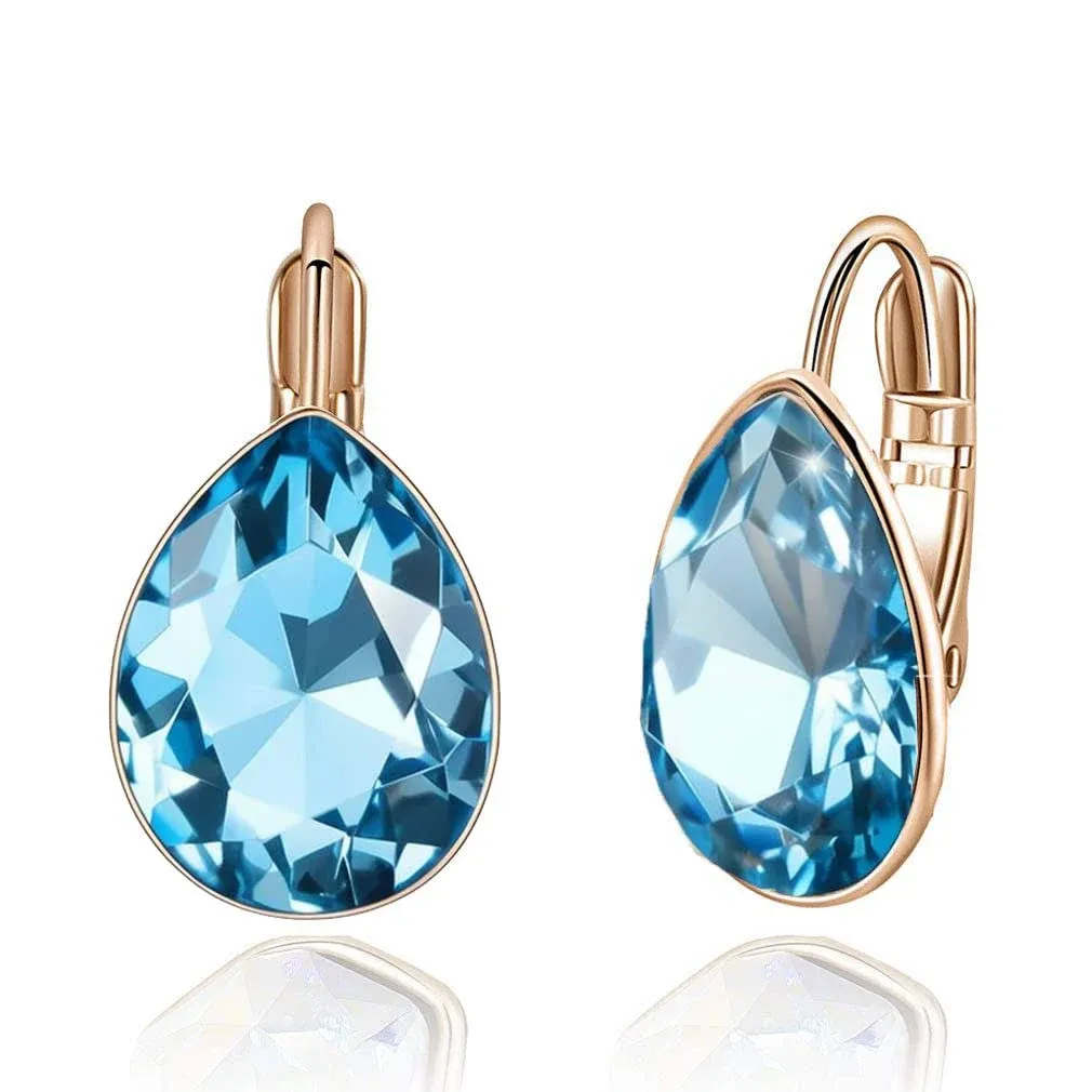 Teardrop Austrian Crystal Leverback Drop Earrings for Women 14K Rose Gold Plated ...