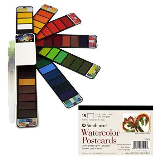 Fan-PAN Watercolor Paint Set - 42 Assorted Colors, Portable Foldable Pocket Artist Grade Professional Travel Paint Kit Includes Water Brush Pen & Tin of 24 ct Paintable Postcards