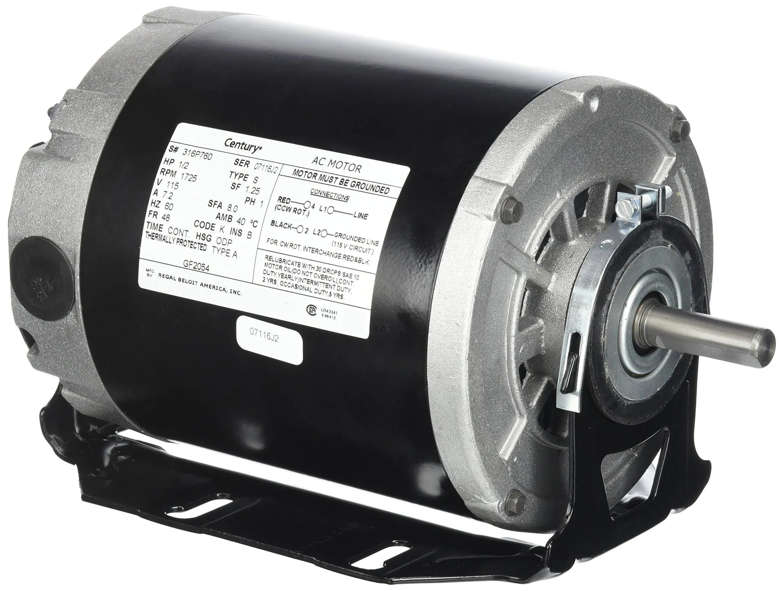 Regal Rexnord - Century Motors GF2054 1/2HP 115V 1725RPM 48FR MOTOR