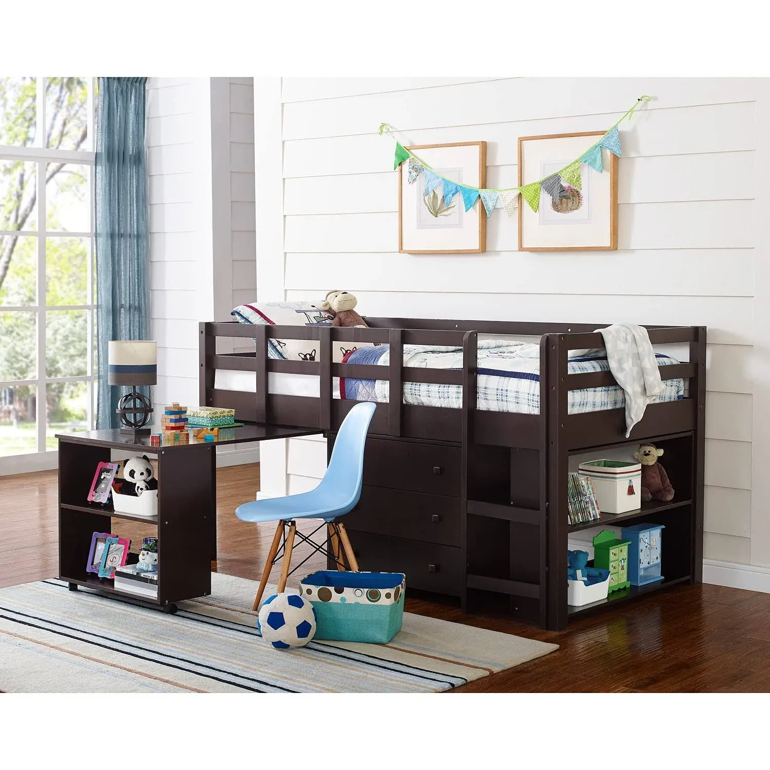 Naomi Home Twin Size Loft Bed with Desk Low Study Kids Twin Loft Bed with Storage Pine Wood Loft Bed Twin for Kids Twin Loft Bed with Cabinet Ladder