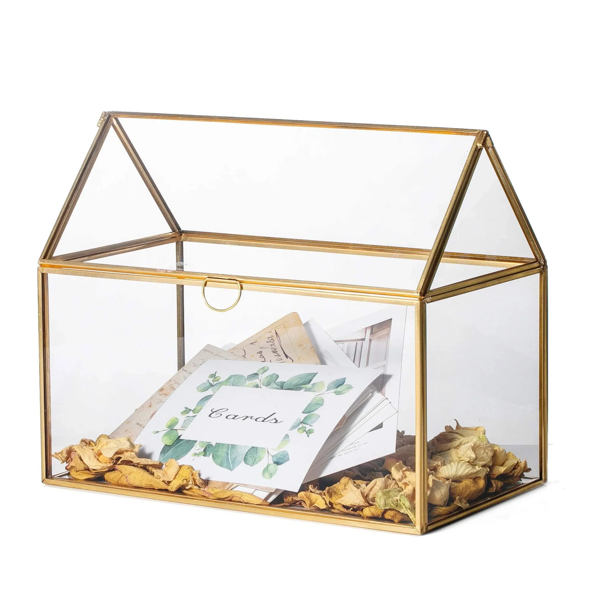 NCYP Glass Card Box for Wedding Reception - 10.2" x 5.9" x 8.2" - House Shape Clear Glass Terrarium Planter, Home Party Tabletop Decor, Centerpiece, Gold (Glass Box Only)