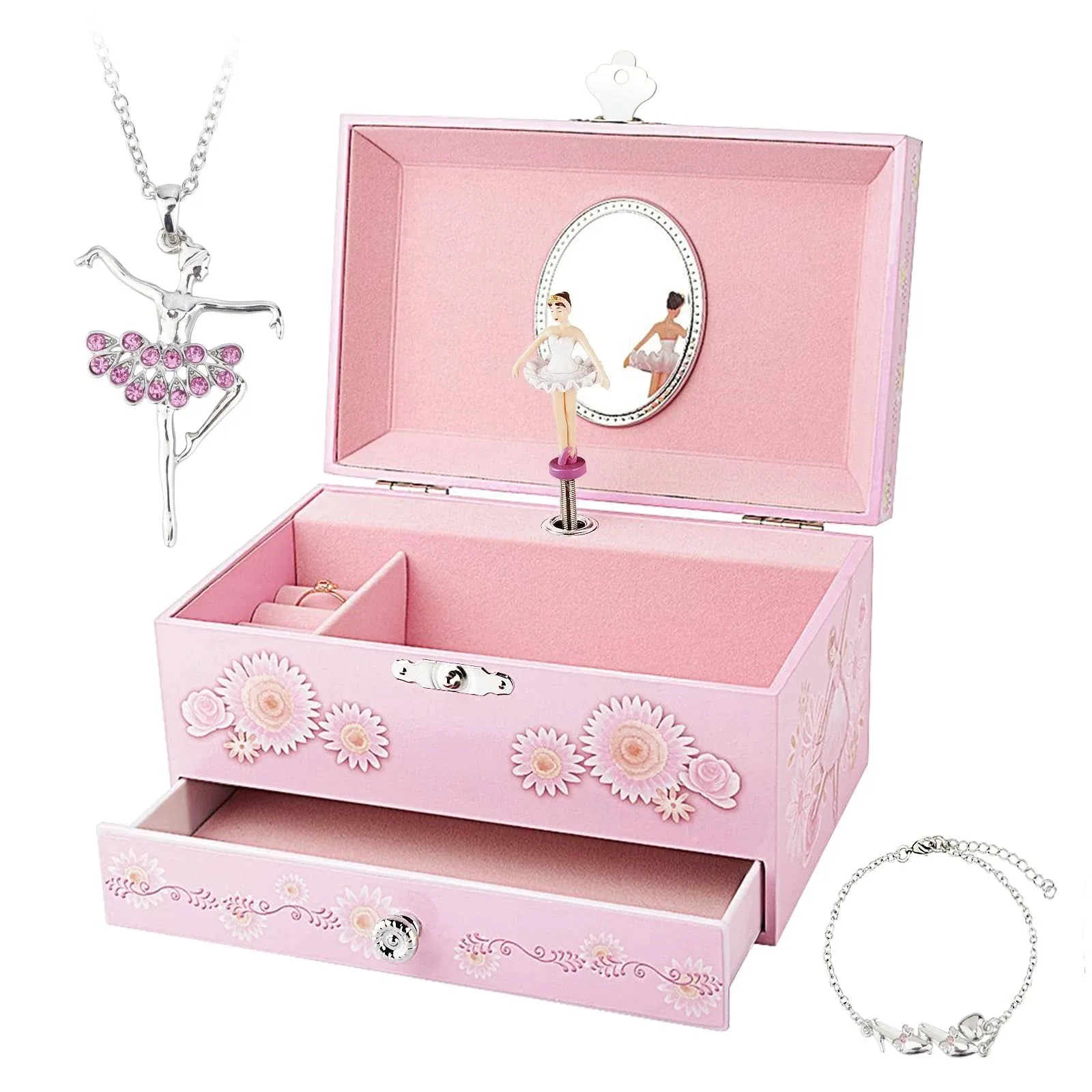 Kids Musical Jewelry Box for Girls with Drawer and Jewelry Set with Ballerina Th