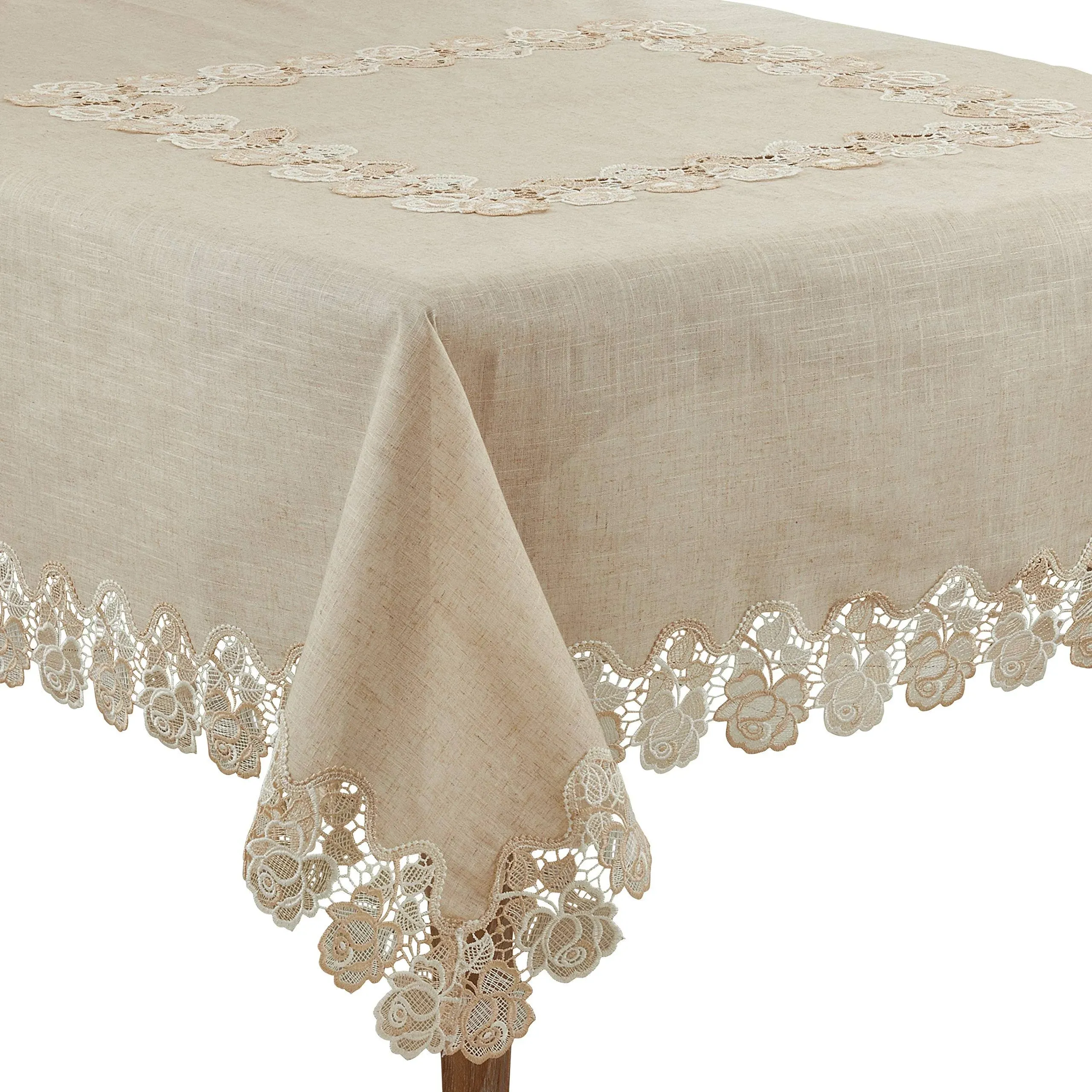 SARO LIFESTYLE Celeste Collection Lace Rose Border Tablecloth, 72", Natural